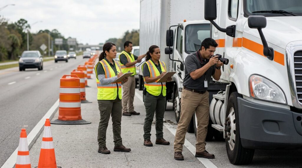 Investigadores documentan accidente vehicular en carretera cerrada junto a camión comercial.