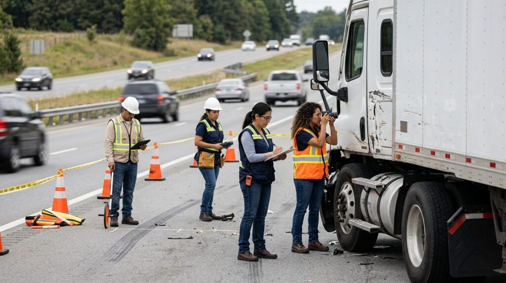 Investigadores documentan accidente vehicular en carretera cerrada con personal hispano.