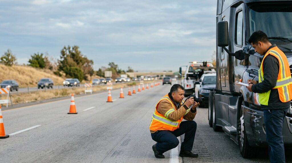 Investigadores documentan accidente vehicular en carretera cerrada con personas hispanas.