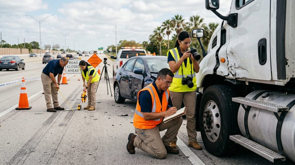 Investigadores documentan accidente vehicular en carretera cerrada.