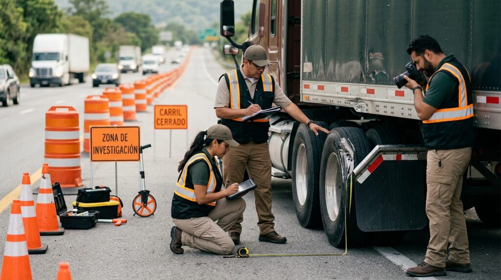 Investigadores documentan accidente vehicular en carretera cerrada junto a camión comercial.