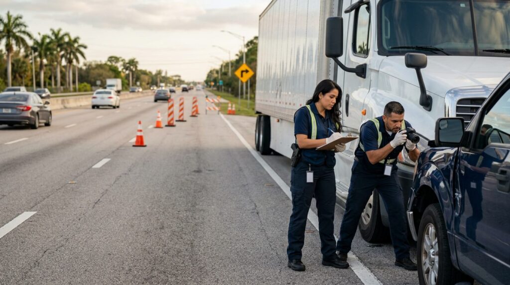 Investigadores documentan accidente vehicular en carretera cerrada con personas hispanas.