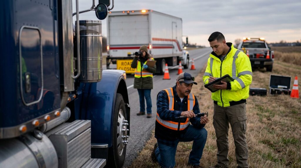 Investigadores documentan accidente vehicular en carretera cerrada con personas hispanohablantes.