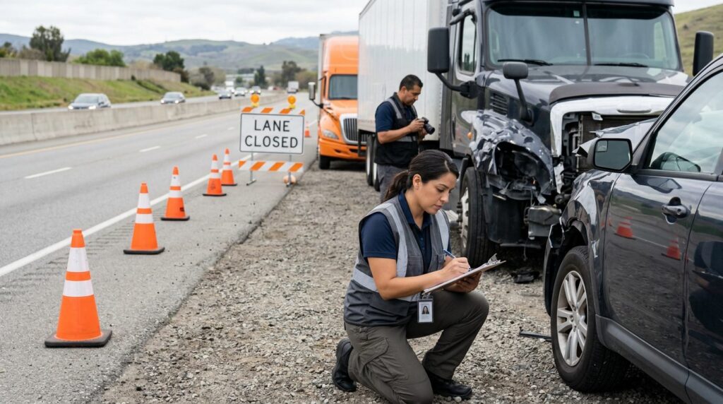 Investigadores documentan colisión de camión comercial en carretera cerrada.