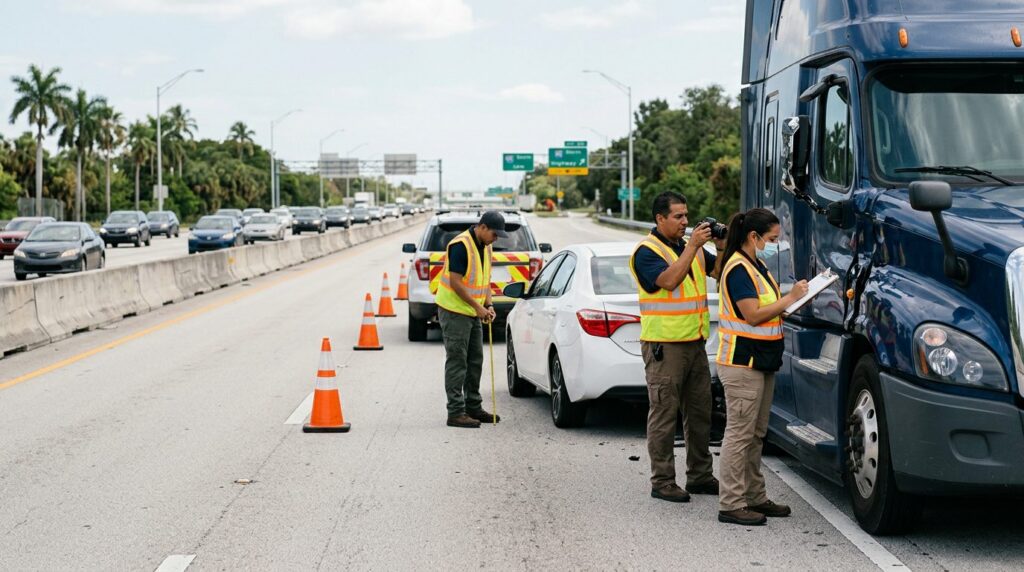 Investigadores documentan colisión de camión comercial en carretera cerrada.