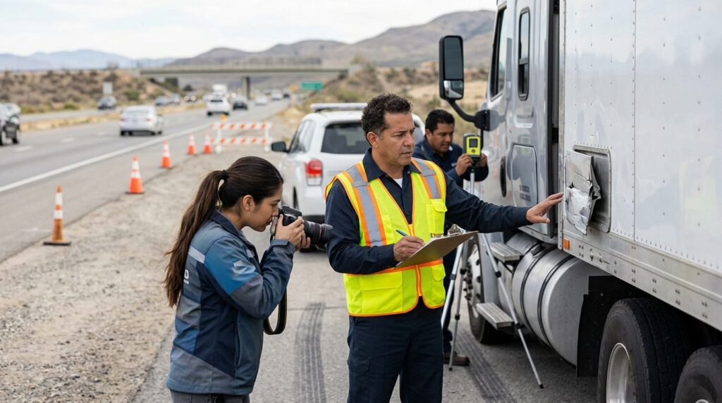 Investigadores documentan colisión de camión comercial en carretera cerrada.