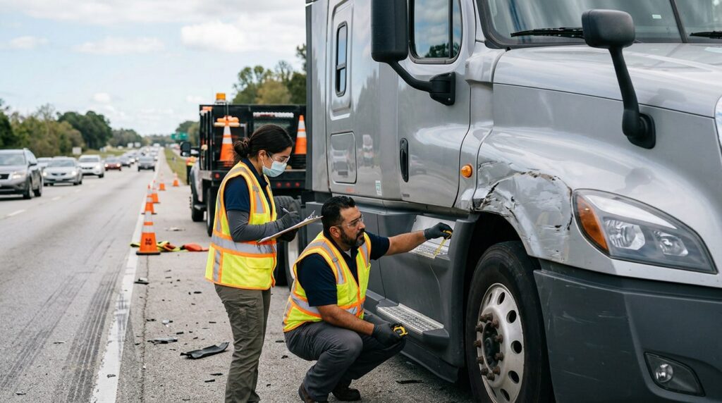 Investigadores documentan colisión de camión comercial en carretera cerrada.