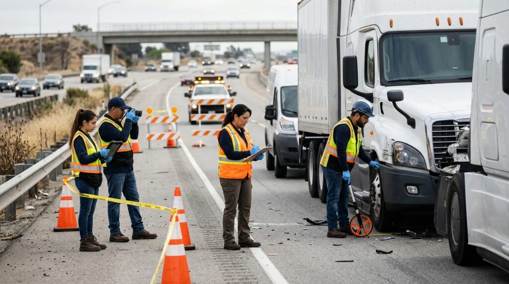 Investigadores documentan colisión de camión comercial en carretera cerrada.