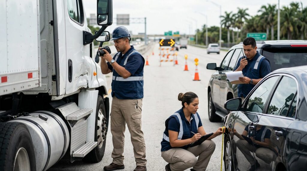 Investigadores documentan colisión de camión comercial en carretera cerrada.