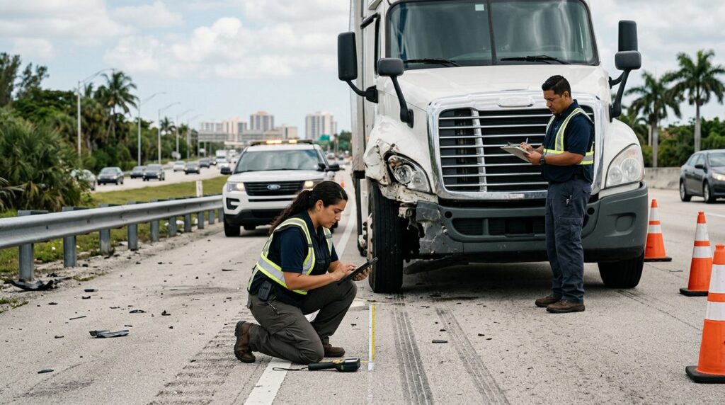 Investigadores documentan colisión de camión comercial en carretera cerrada con personal hispano.