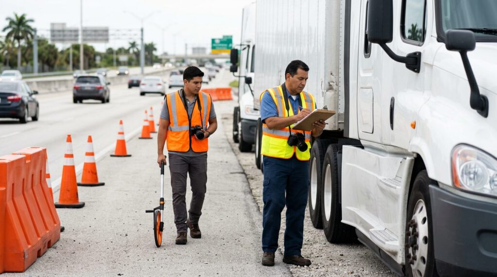 Investigadores documentan colisión de camión comercial en carretera cerrada con personal hispano.