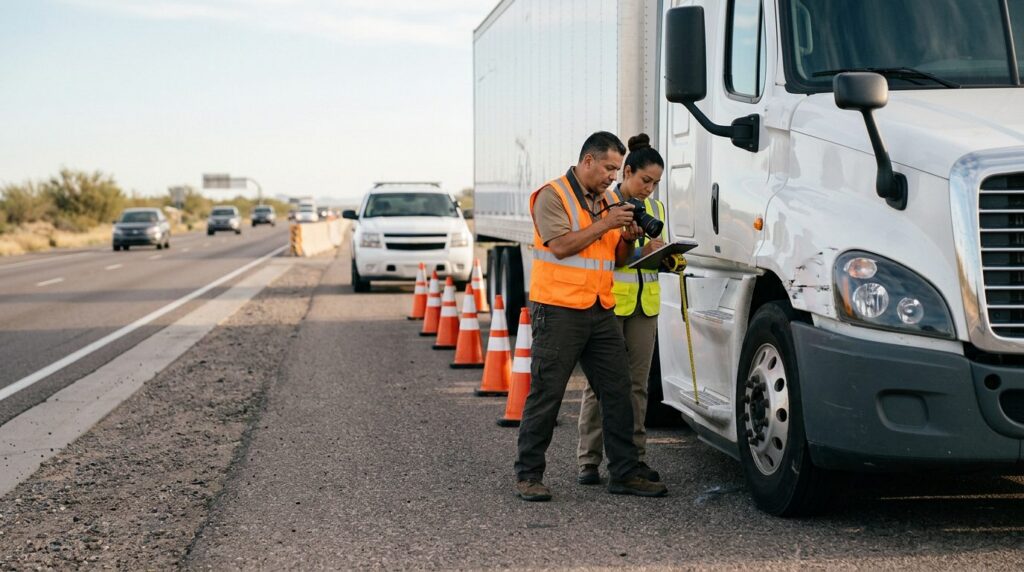 Investigadores documentan colisión de camión comercial en carretera cerrada.