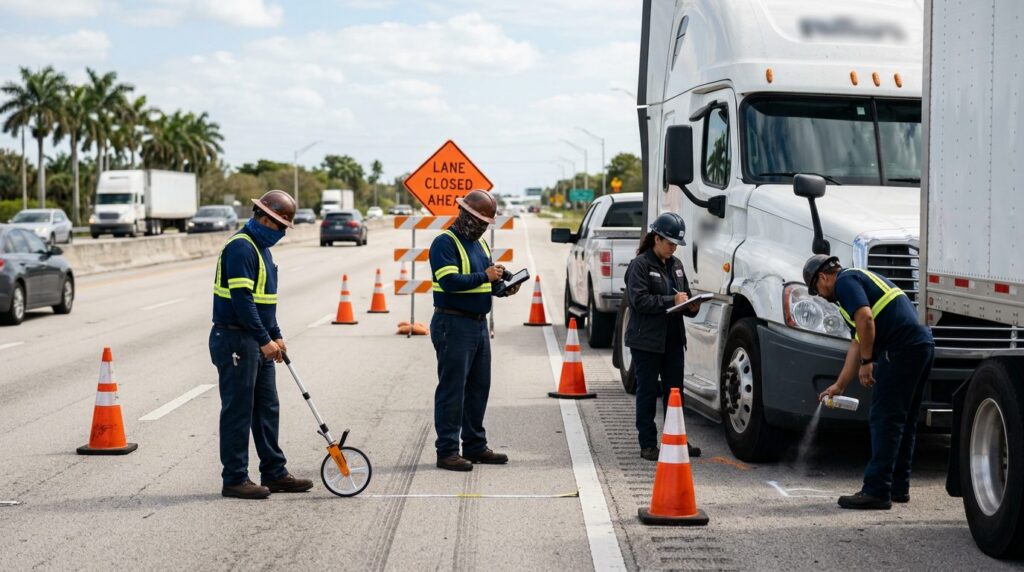 Investigadores documentan colisión de camión comercial en carretera cerrada.