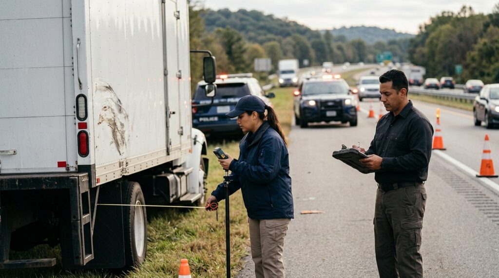 Investigadores documentan colisión de camión comercial en carretera cerrada.