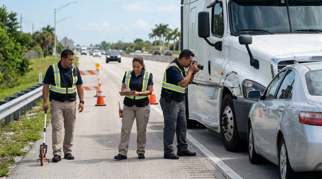 Investigadores documentan colisión de camión comercial en carretera cerrada.