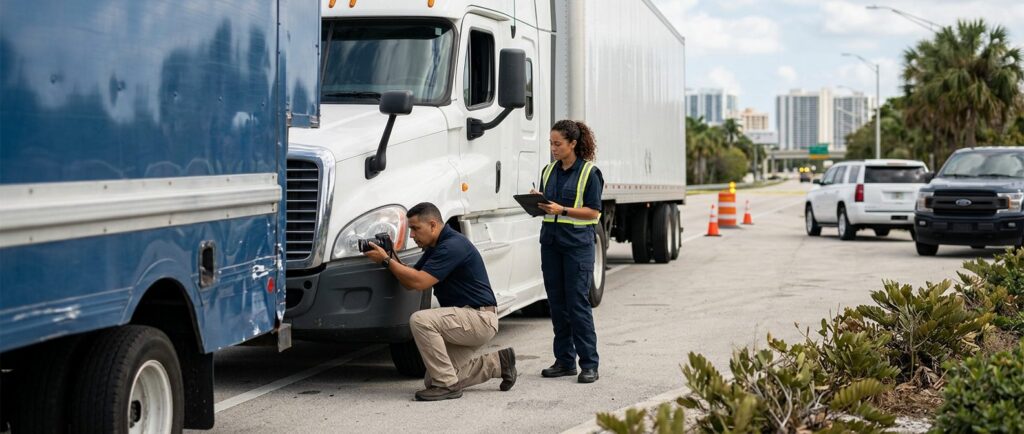 Investigadores documentan colisión de camión comercial en carretera cerrada.