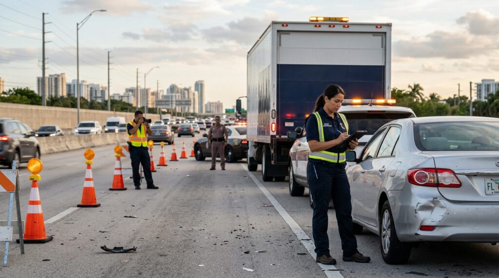 Investigadores documentan colisión de camión comercial en carretera cerrada.