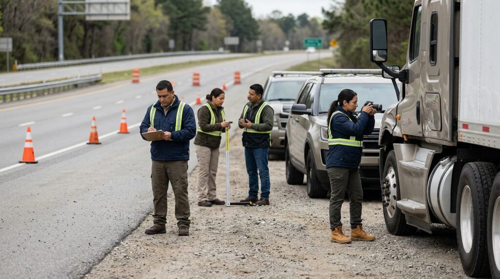 Investigadores documentan colisión de camión comercial en carretera cerrada.