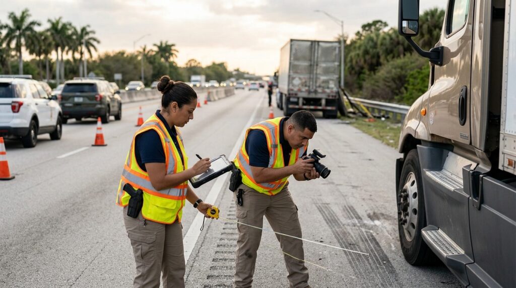 Investigadores documentan colisión de camión comercial en carretera cerrada.
