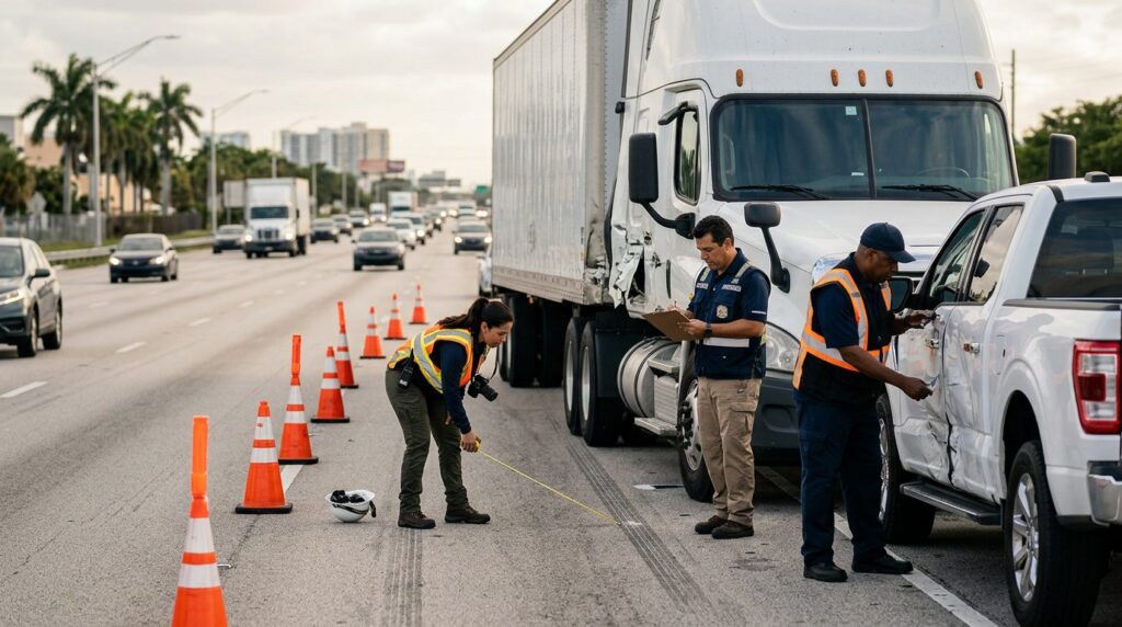 Investigadores documentan colisión de camión comercial en carretera cerrada.