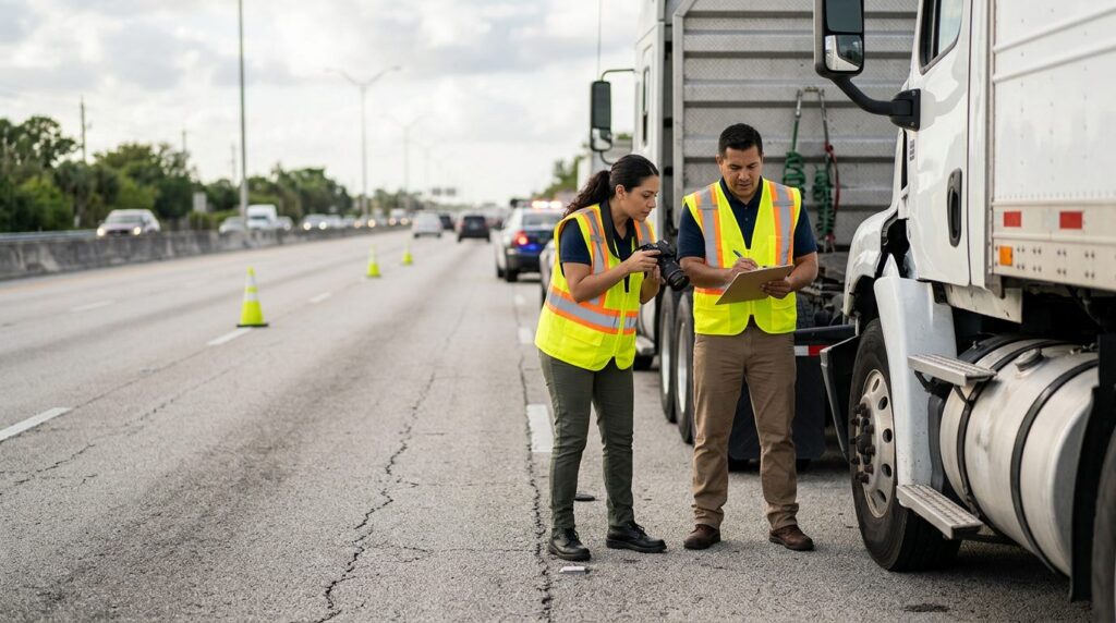 Investigadores documentan colisión de camión comercial en carretera cerrada con personal hispano.