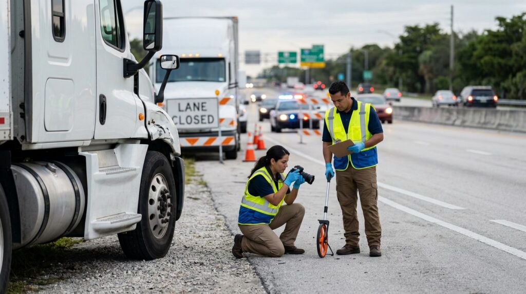 Investigadores documentan colisión de camión comercial en carretera cerrada.