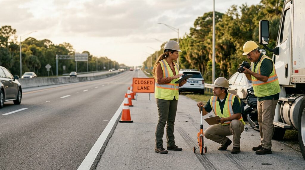 Investigadores documentan colisión de camión comercial en carretera cerrada.