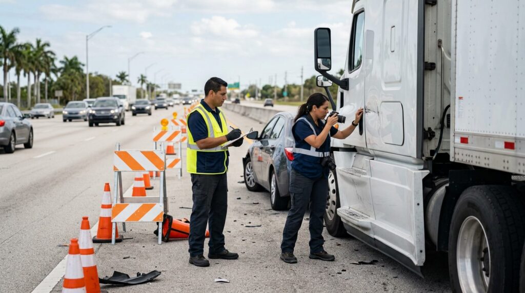 Investigadores documentan colisión de camión comercial en carretera cerrada.