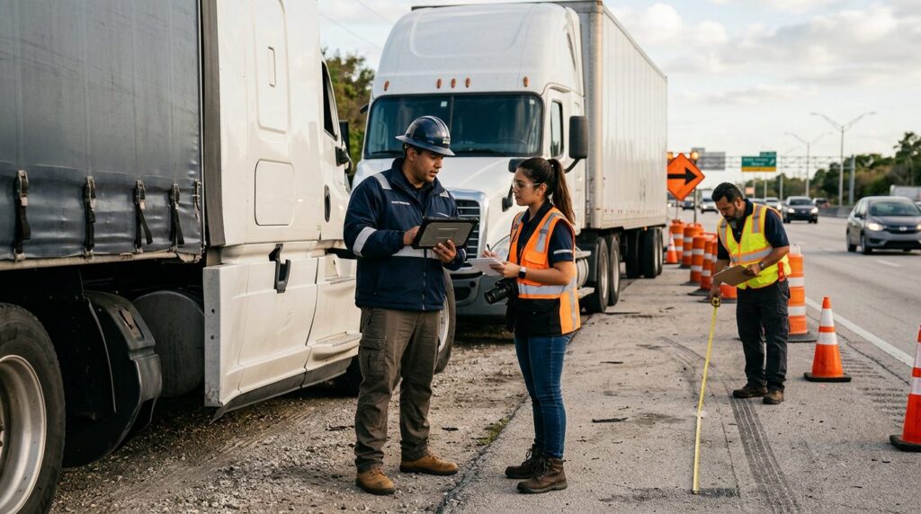 Investigadores documentan colisión de camión comercial en carretera cerrada.