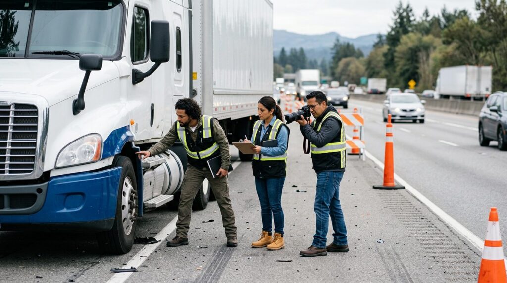 Investigadores documentan colisión de camión comercial en carretera cerrada.