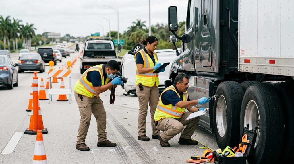 Investigadores documentan colisión de camión comercial en carretera cerrada con personal hispano.