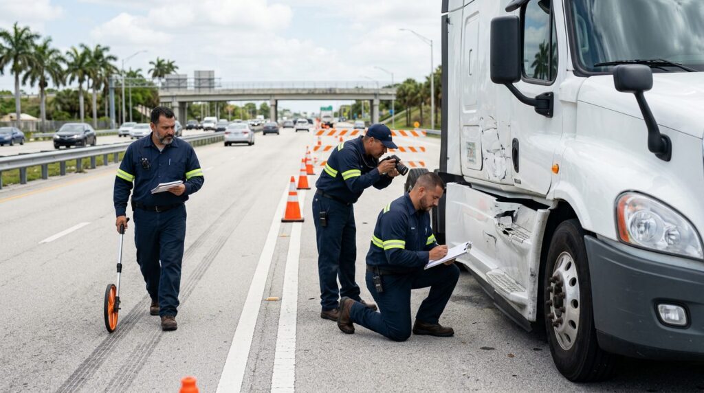 Investigadores documentan colisión de camión comercial en carretera cerrada.
