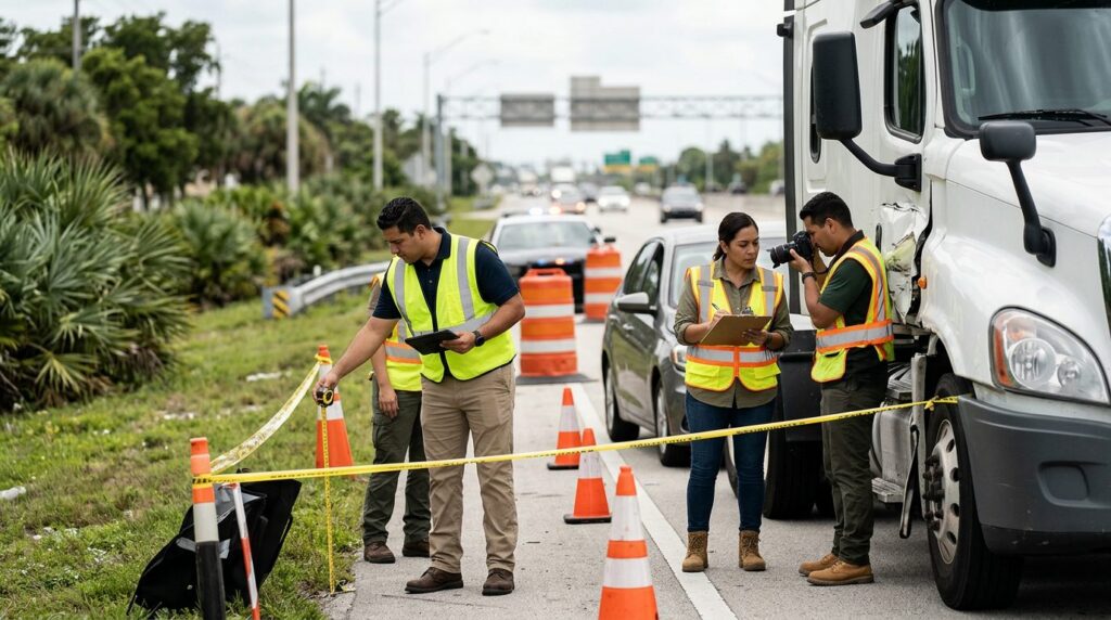 Investigadores documentan colisión de camión comercial en carretera cerrada.