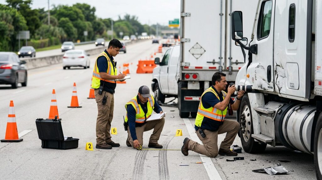 Investigadores documentan colisión de camión comercial en carretera cerrada.