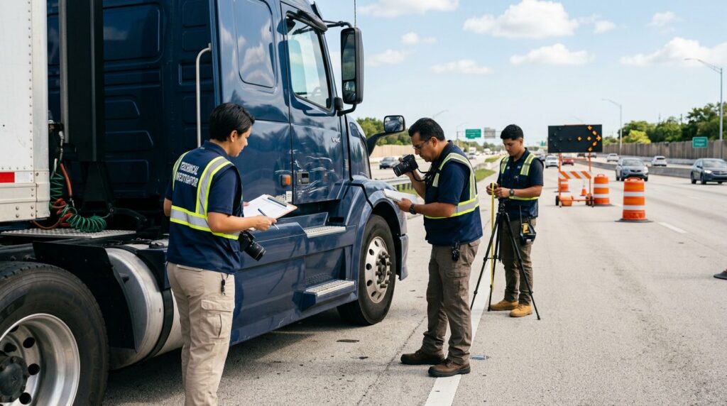 Investigadores documentan colisión de camión comercial en carretera cerrada.