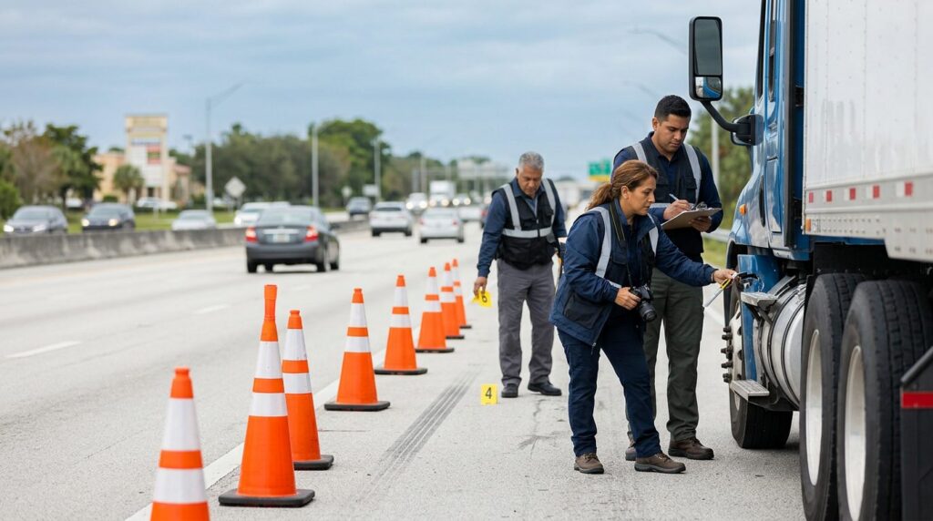 Investigadores documentan colisión de camión comercial en carretera cerrada de Coral Springs.