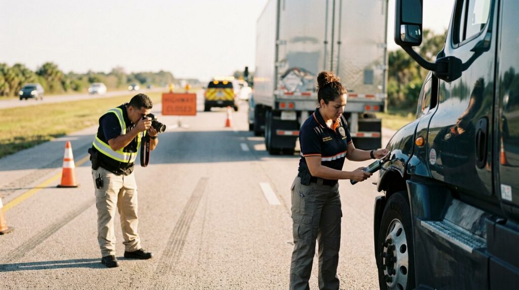 Investigadores documentan colisión de camión comercial en carretera cerrada con personal hispano.