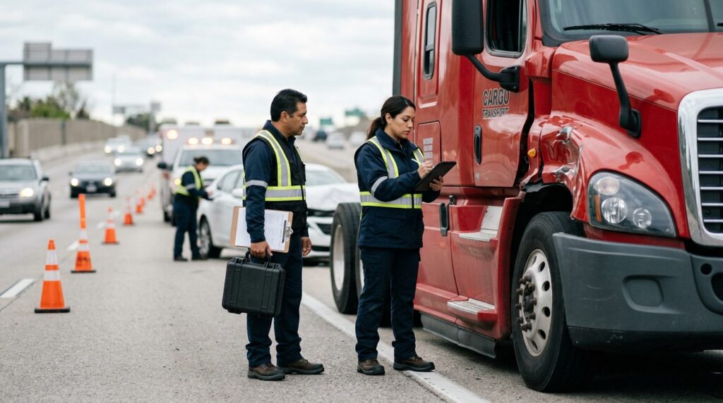Investigadores documentan colisión de camión comercial en carretera cerrada.