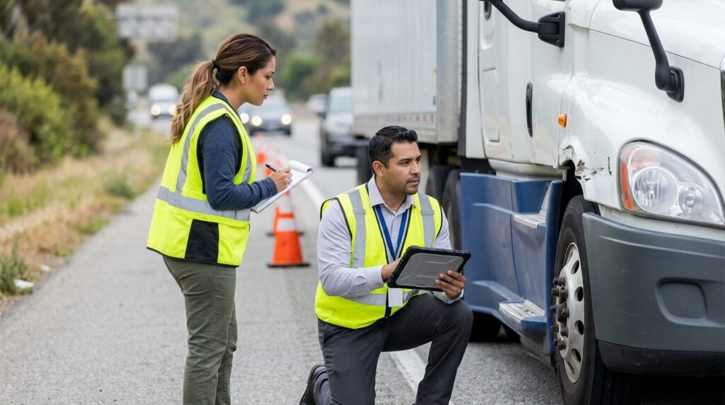 Investigadores documentan colisión de camión comercial en carretera cerrada.