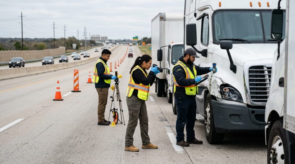 Investigadores documentan colisión de camión comercial en carretera cerrada.