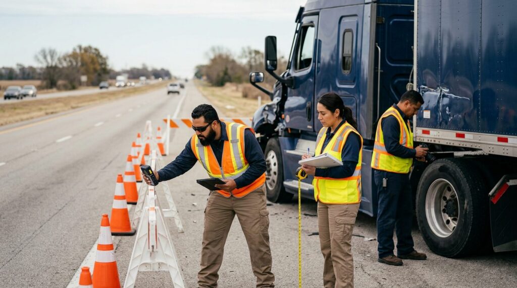 Investigadores documentan colisión de camión comercial en carretera cerrada.