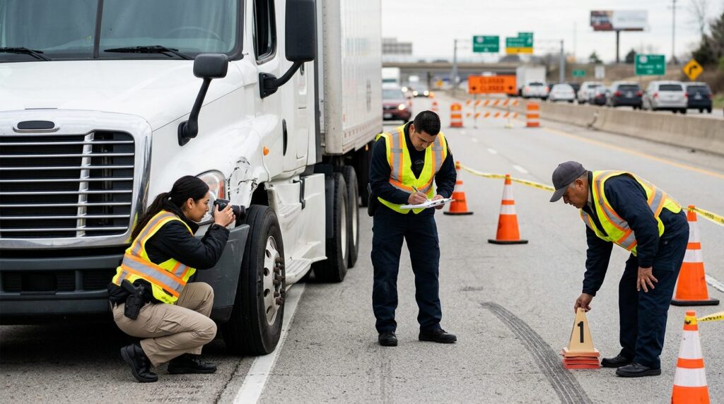 Investigadores documentan colisión de camión comercial en carretera cerrada.