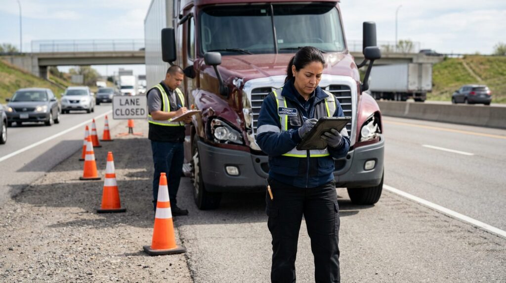 Investigadores documentan colisión de camión comercial en carretera cerrada.