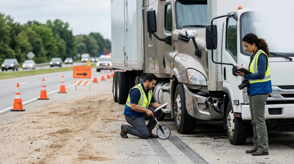 Investigadores documentan colisión de camión comercial en carretera cerrada.