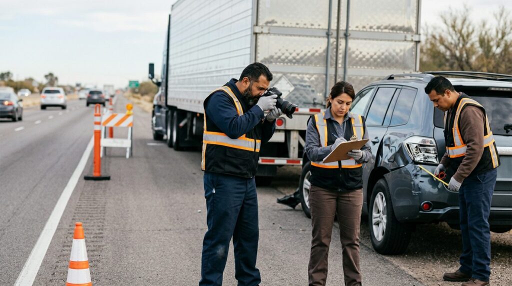 Investigadores documentan colisión de camión comercial en carretera cerrada.