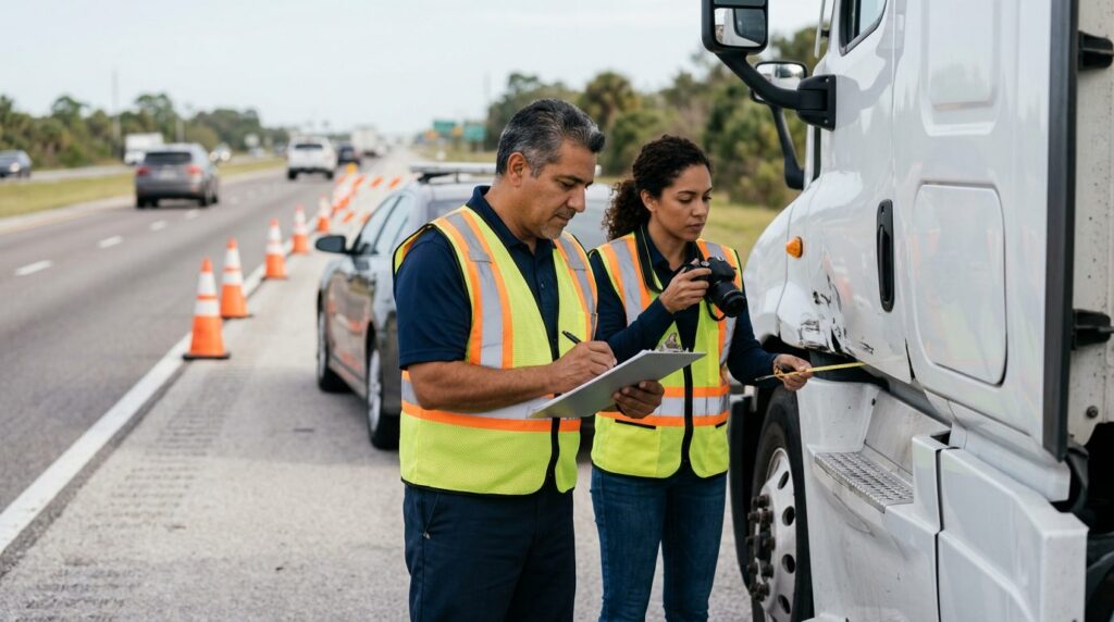 Investigadores documentan colisión de camión comercial en carretera cerrada.