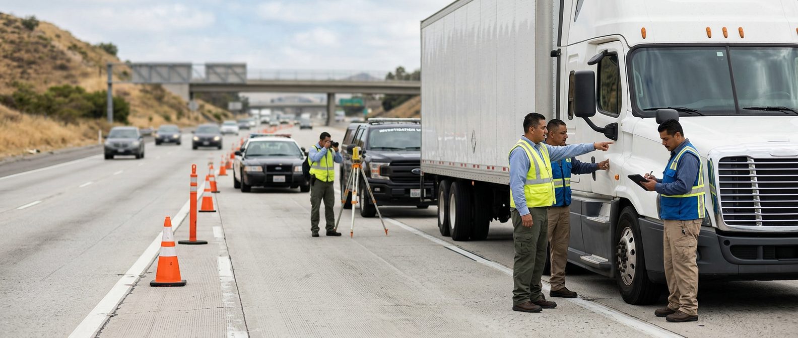 Investigadores documentan colisión de camión comercial en carretera cerrada.