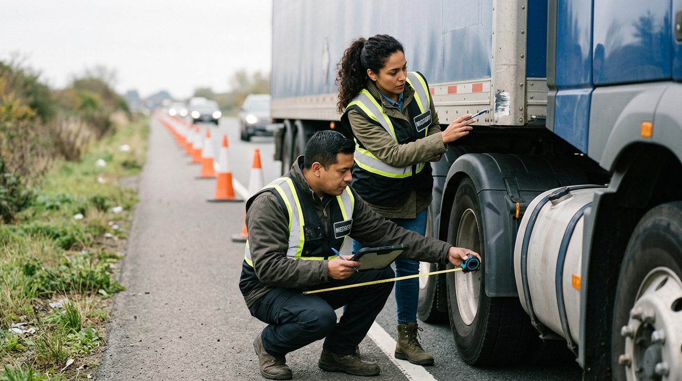 Investigadores documentan colisión de camión comercial en carretera cerrada.