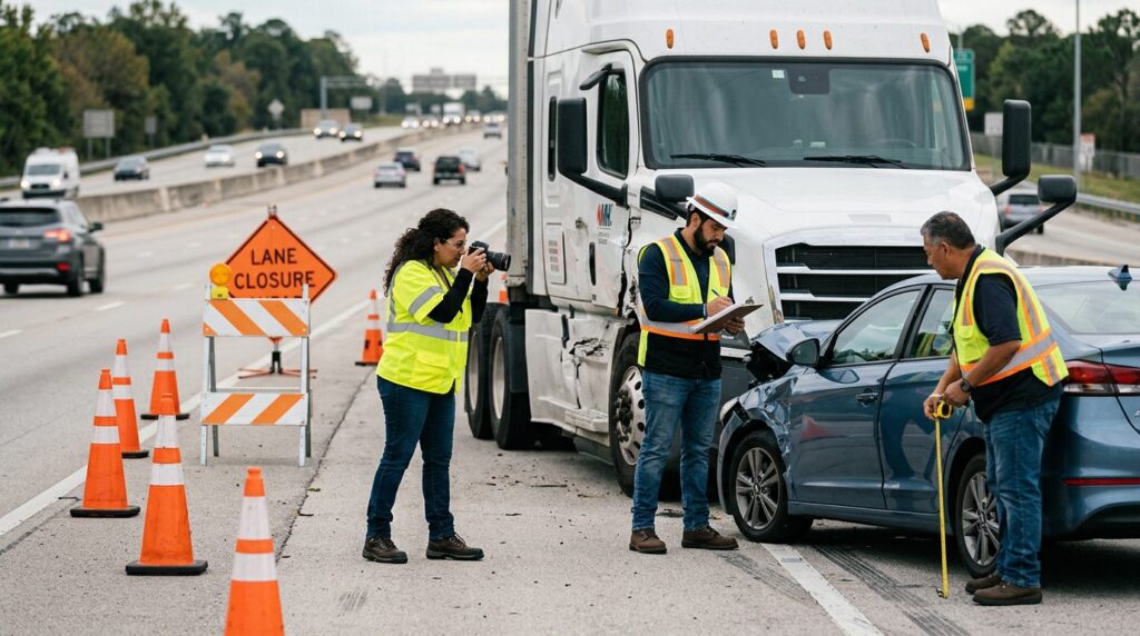 Investigadores documentan colisión de camión comercial en carretera cerrada.