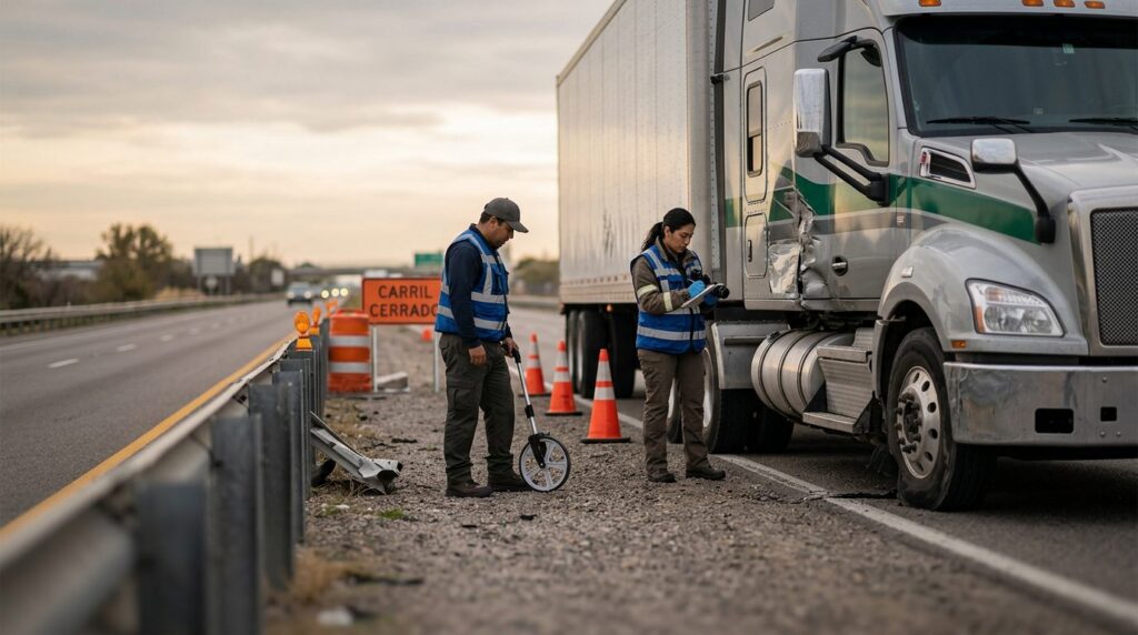 Investigadores documentan colisión de camión comercial en carretera cerrada.